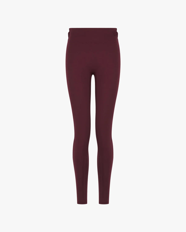 Purple Emello Leggings with belt loops, showcasing a high-waisted, sculpting silhouette.
