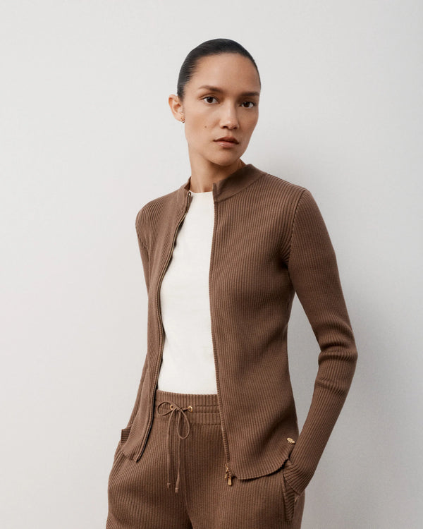 Ribbed Zip Through Cardigan in Cotton Cashmere