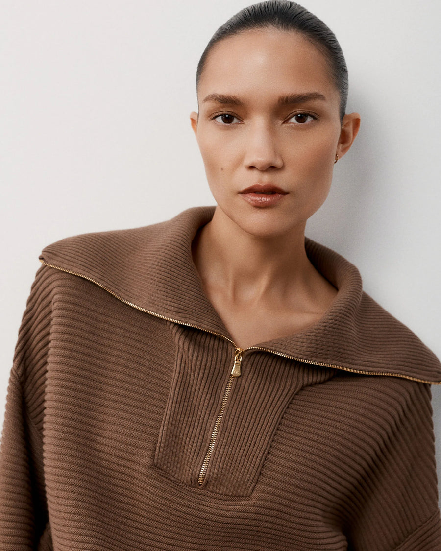 Ribbed Quarter Zip Sweater in Cotton Cashmere