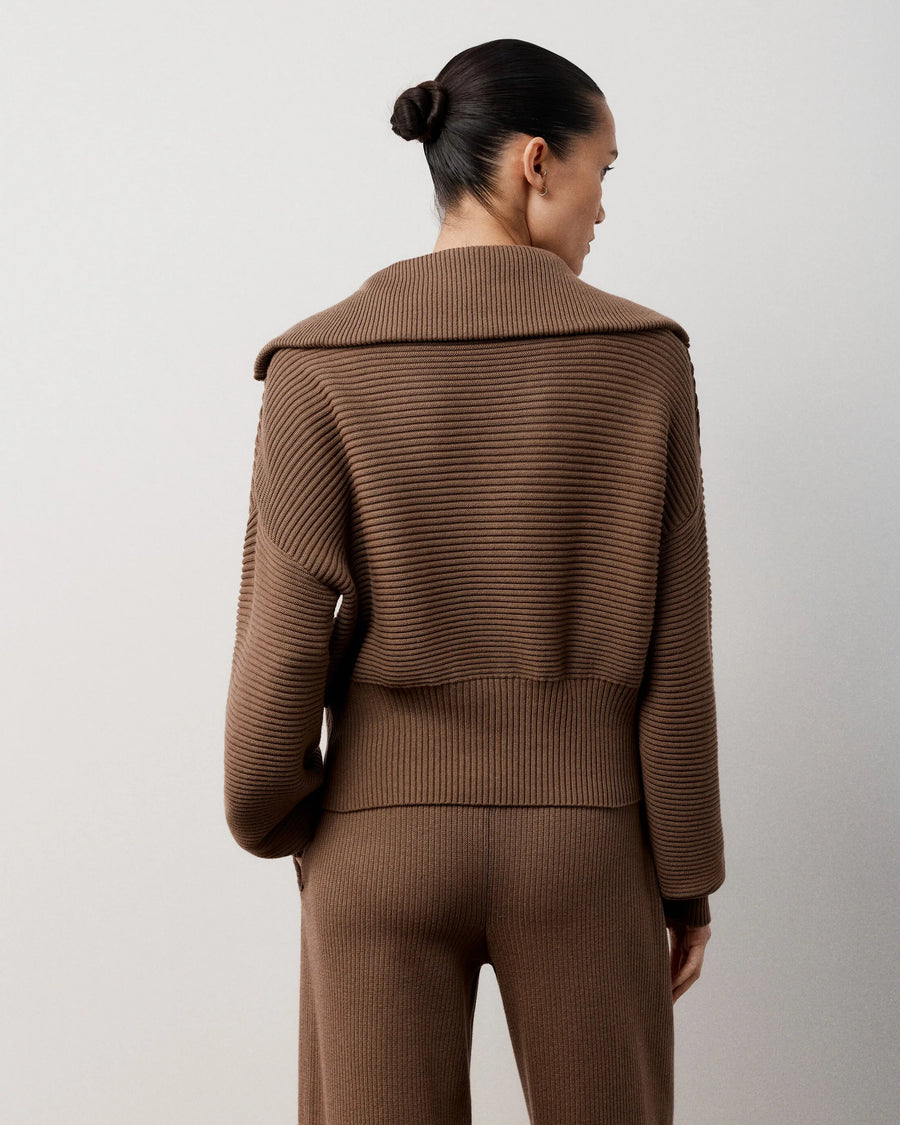 Ribbed Cotton Cashmere Half-Zip Sweater in Brown – Emello