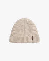 Neutral beige beanie in Merino Wool-Cashmere with a fold-over cuff and soft leather label.
