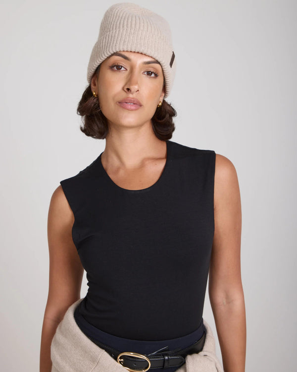 Emello Beige Beanie Hat with fold-over cuff, crafted in a sumptuous wool-cashmere blend.