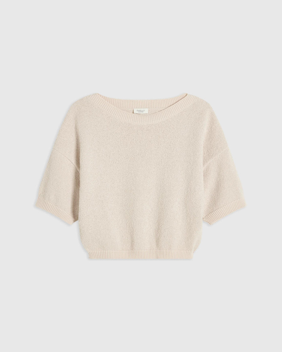 Bouclé Boat Neck Top in natural cream, featuring a wide boat neckline and short sleeves for a relaxed, airy fit.