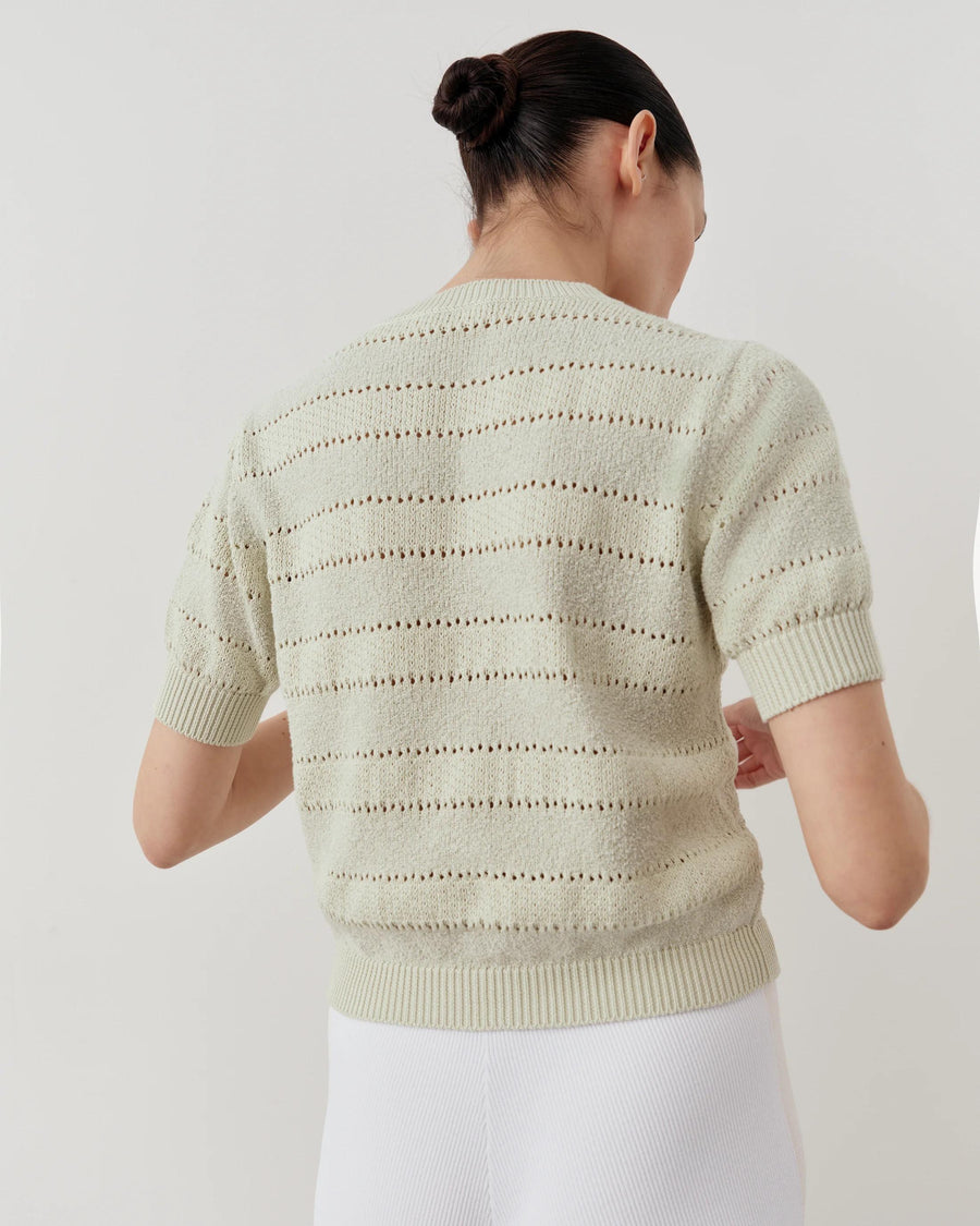 Rear view of a model wearing a pale green bouclé short sleeve cardigan showcasing textured pointelle stripes.