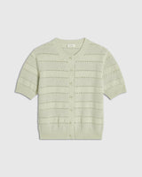 Emello Bouclé Short Sleeve Cardigan in pale, fresh green with pointelle stripes.