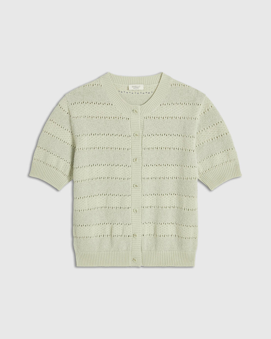 Emello Bouclé Short Sleeve Cardigan in pale, fresh green with pointelle stripes.