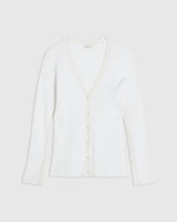 Emello Tonal Ribbed Cardigan in white, featuring a clean V neckline and fluted cuffs.