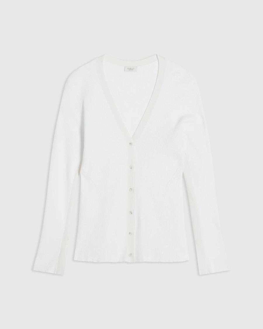 Emello Tonal Ribbed Cardigan in white, featuring a clean V neckline and fluted cuffs.