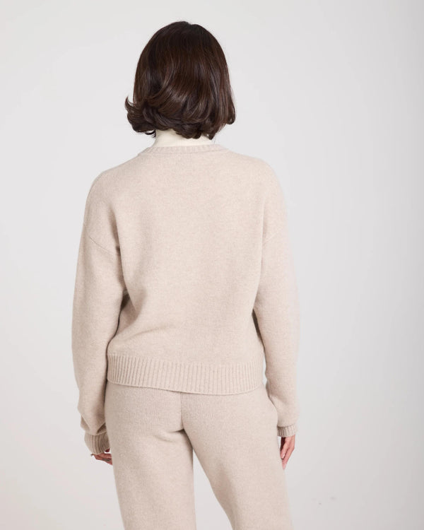 Back view of model wearing Kasima Cashmere Blend V Neck Sweater in beige