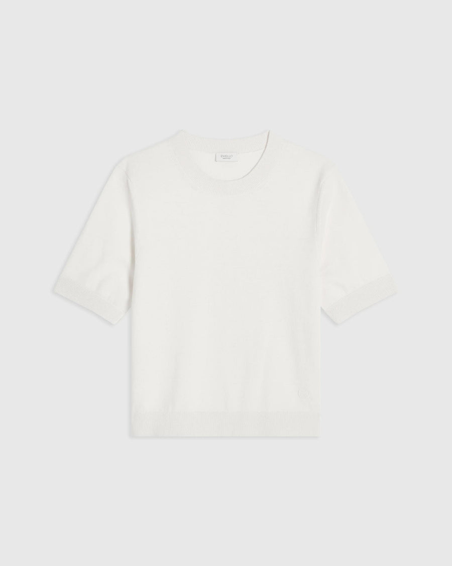 Emello Cotton Cashmere Knit Tee in cream, short-sleeved with ribbed trim.