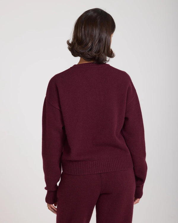 Back view of Kasima Cashmere Blend V Neck Sweater in fig color worn by a model.