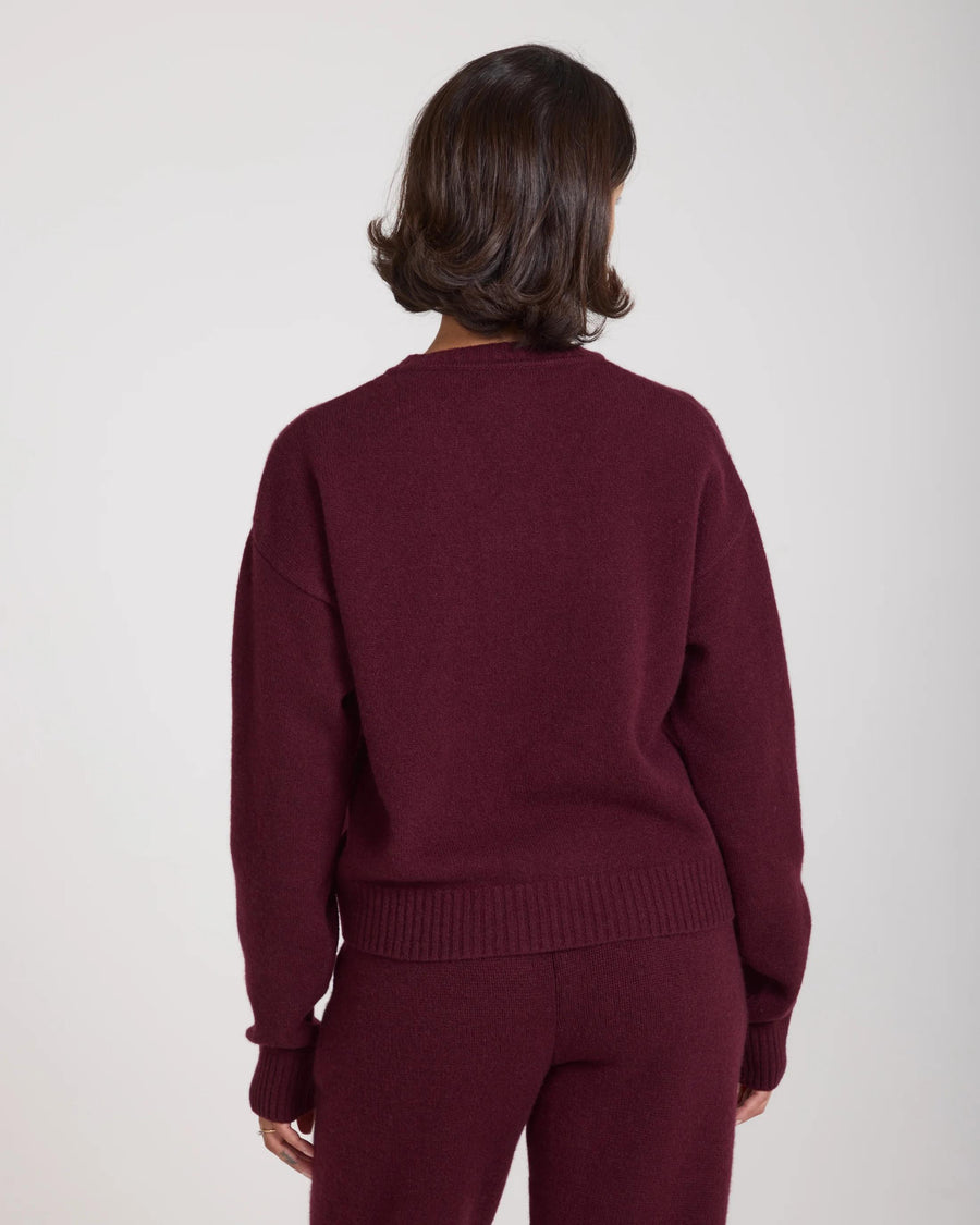 Back view of Kasima Cashmere Blend V Neck Sweater in fig color worn by a model.