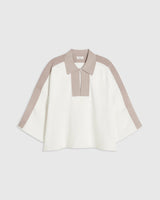 Emello Contrast Collar Knit Polo Top in white featuring a boxy, cropped silhouette with a softly structured collar and tonal viscose panels.