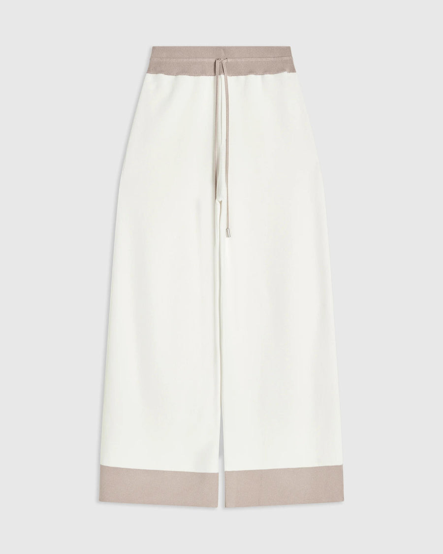 Emello Contrast Hem Wide Leg Trousers in White Combed Cotton with Viscose Panels.