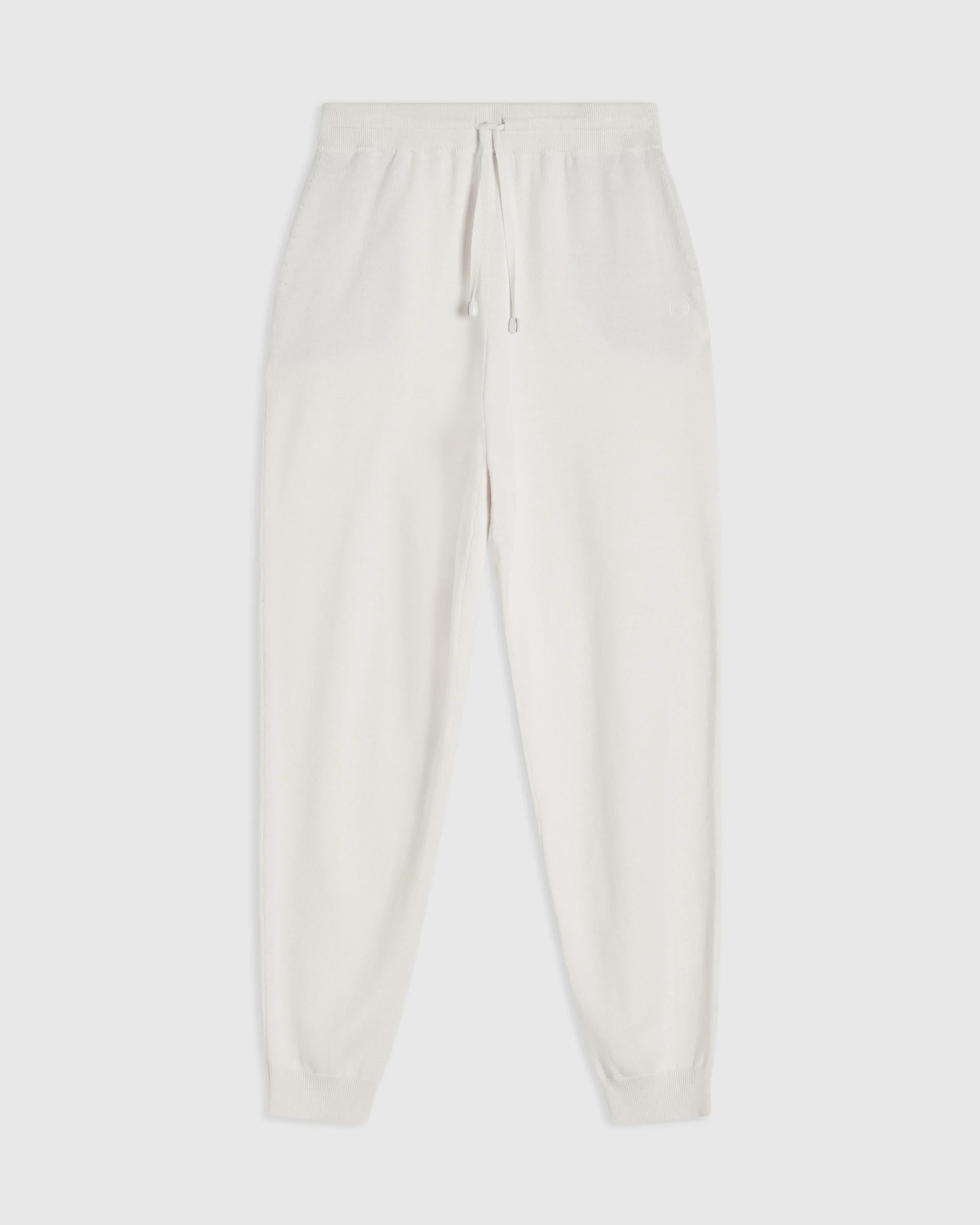 Emello Cotton Cashmere Knit Trousers in modern cream offering relaxed drape and tactile elegance.
