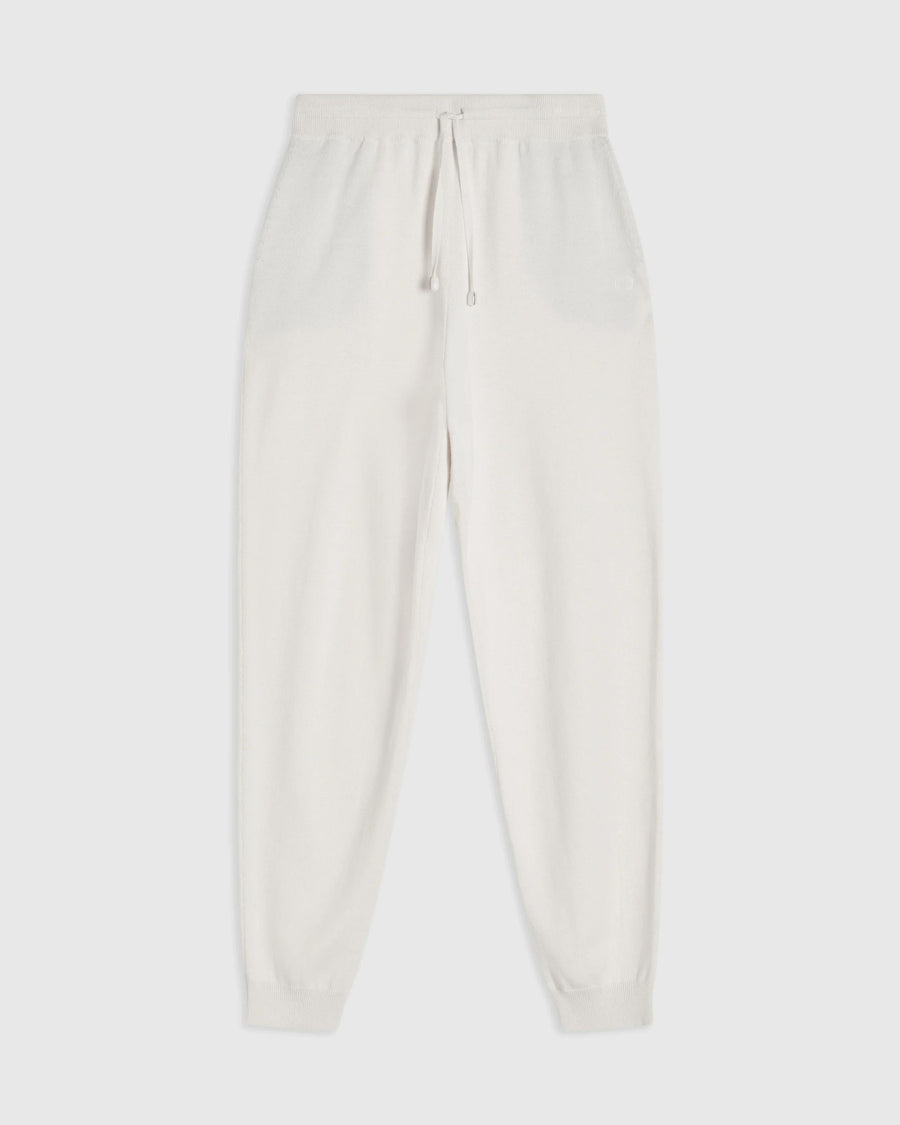 Emello Cotton Cashmere Knit Trousers in modern cream offering relaxed drape and tactile elegance.