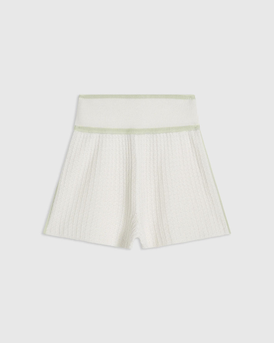 Emello Textured Knit Shorts in white with softly fluted shape and subtle contrast seams.
