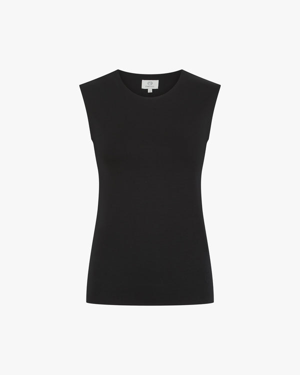 Black double-layer lyocell vest with sleek silhouette and embroidered badge.