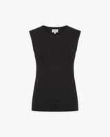 Black double-layer lyocell vest with sleek silhouette and embroidered badge.