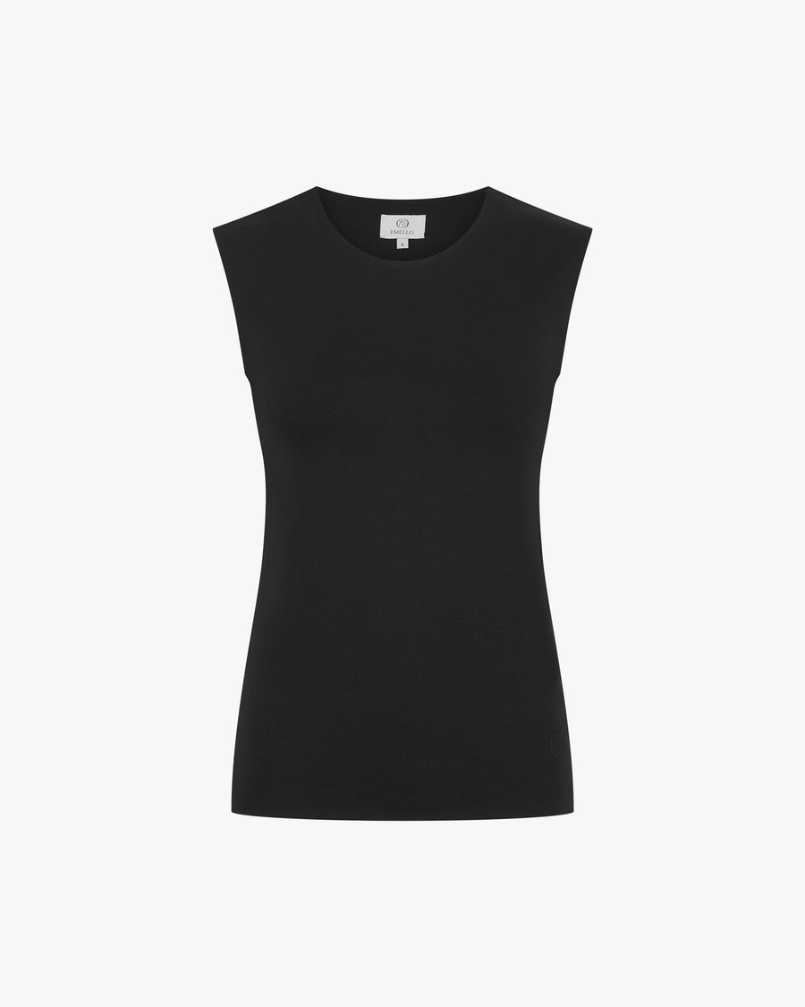 Black double-layer lyocell vest with sleek silhouette and embroidered badge.