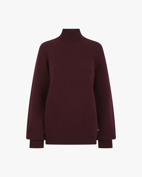 High Neck Sweater in Fig Merino Wool-Cashmere with gold hardware