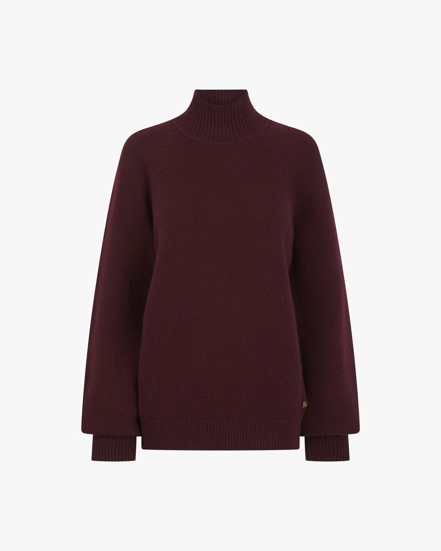 High Neck Sweater in Fig Merino Wool-Cashmere with gold hardware