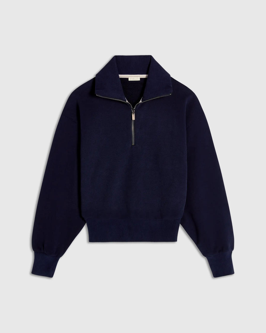 Navy half-zip funnel-neck sweatshirt with blouson silhouette and ribbed cuffs from Emello.