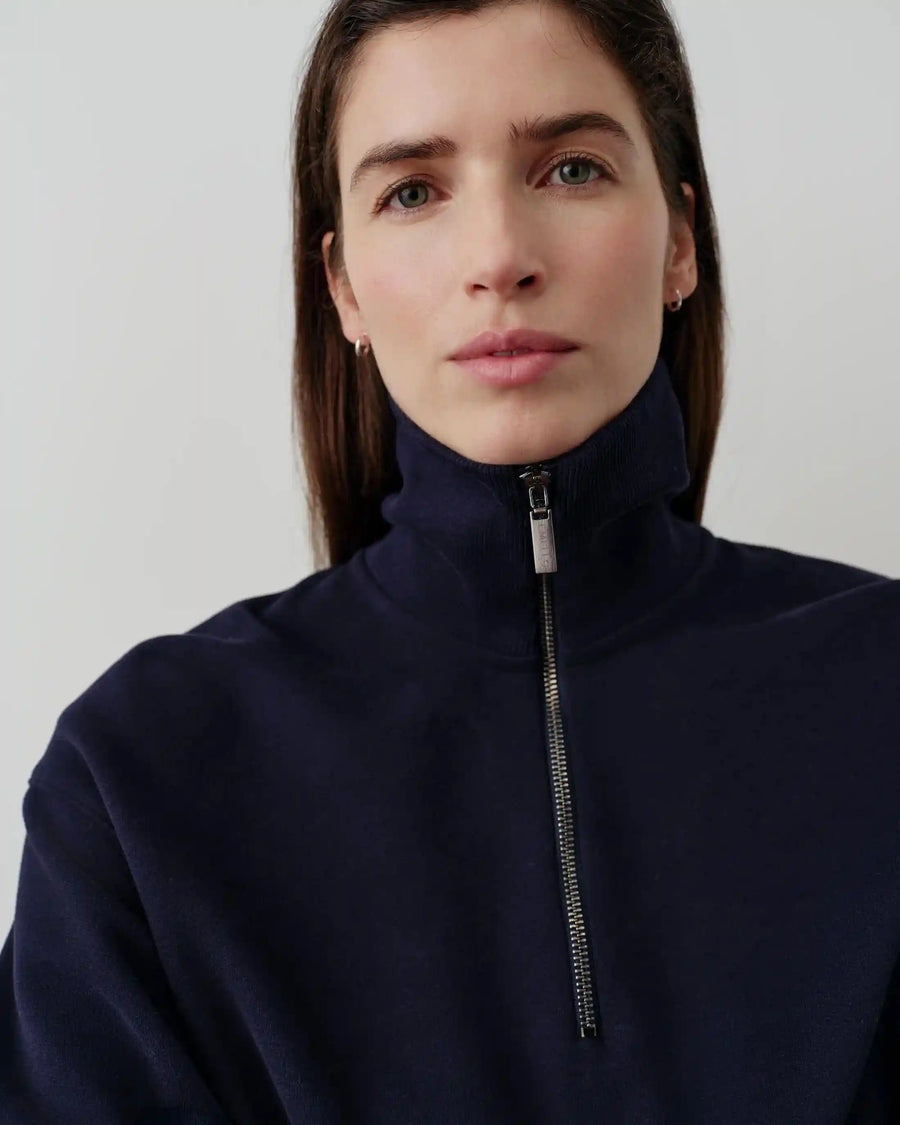 Half-Zip Funnel-Neck Sweatshirt in Navy Cotton – Emello Half-Zip Funnel-Neck Sweatshirt in Navy Cotton – Emello
