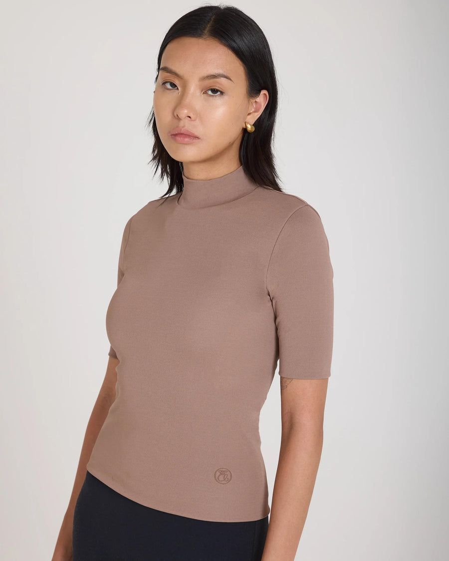 Taupe double-layer high neck top in viscose by Emello, showcasing refined wardrobe elegance.