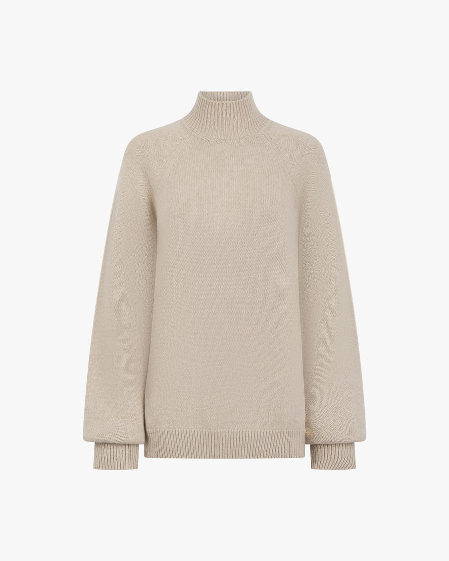 Elegant high-neck beige sweater crafted in fine merino wool and cashmere.