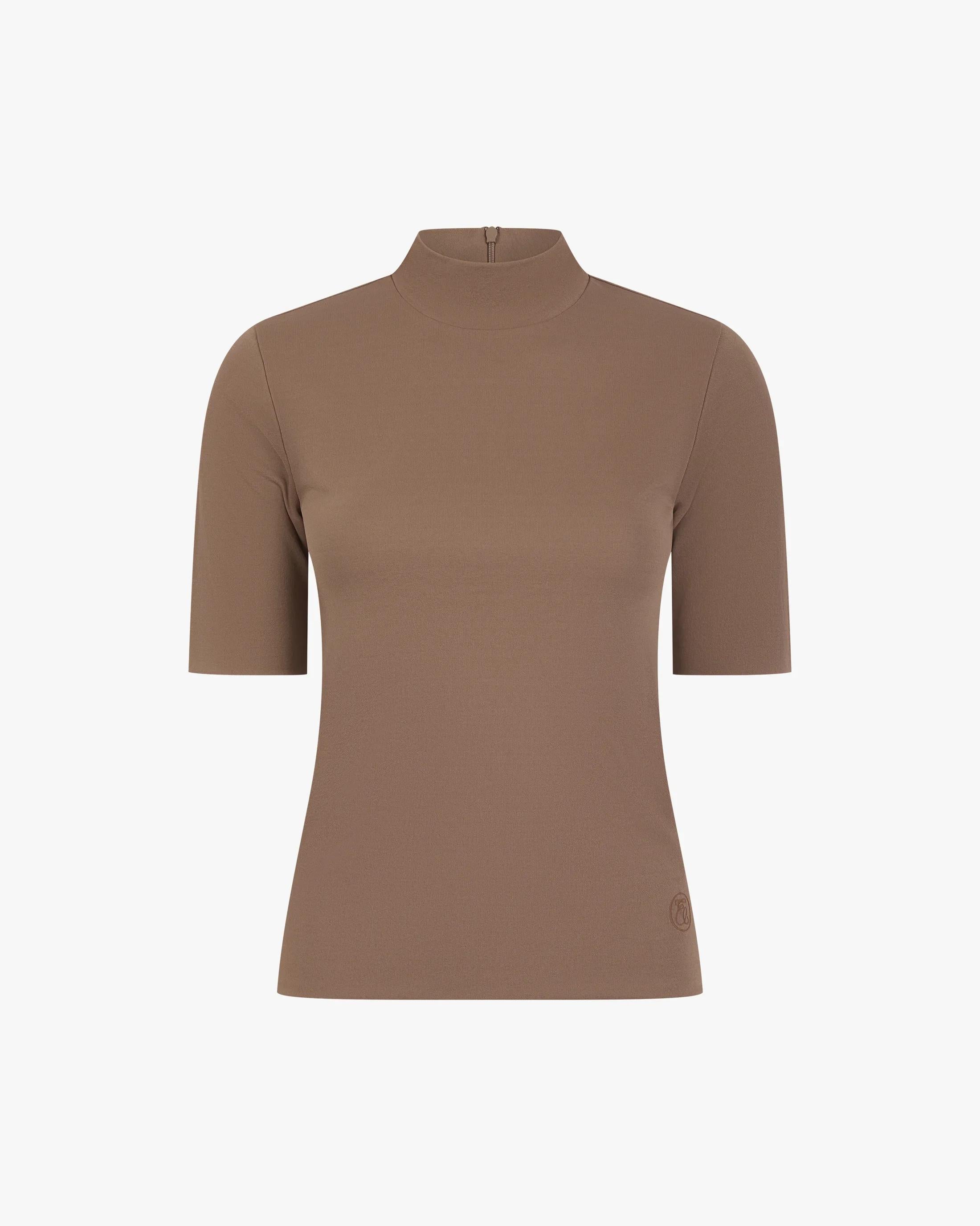 Emello Double Layer High Neck Top in Taupe Viscose offering refined wardrobe elegance.