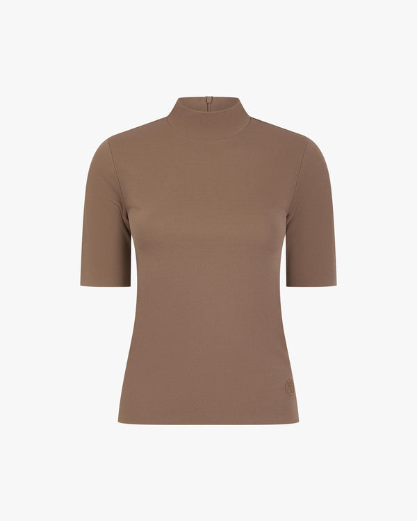 Emello Double Layer High Neck Top in Taupe Viscose offering refined wardrobe elegance.