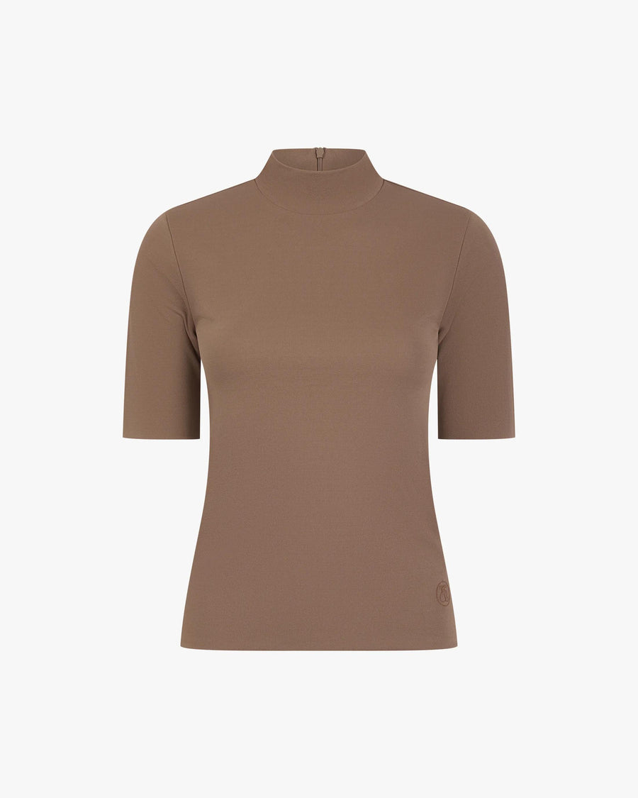 Emello Double Layer High Neck Top in Taupe Viscose offering refined wardrobe elegance.