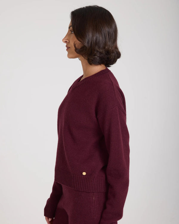 Kasima Cashmere Blend V Neck Sweater in Burgundy modeled in profile, showcasing elegant ribbed texture and relaxed fit.