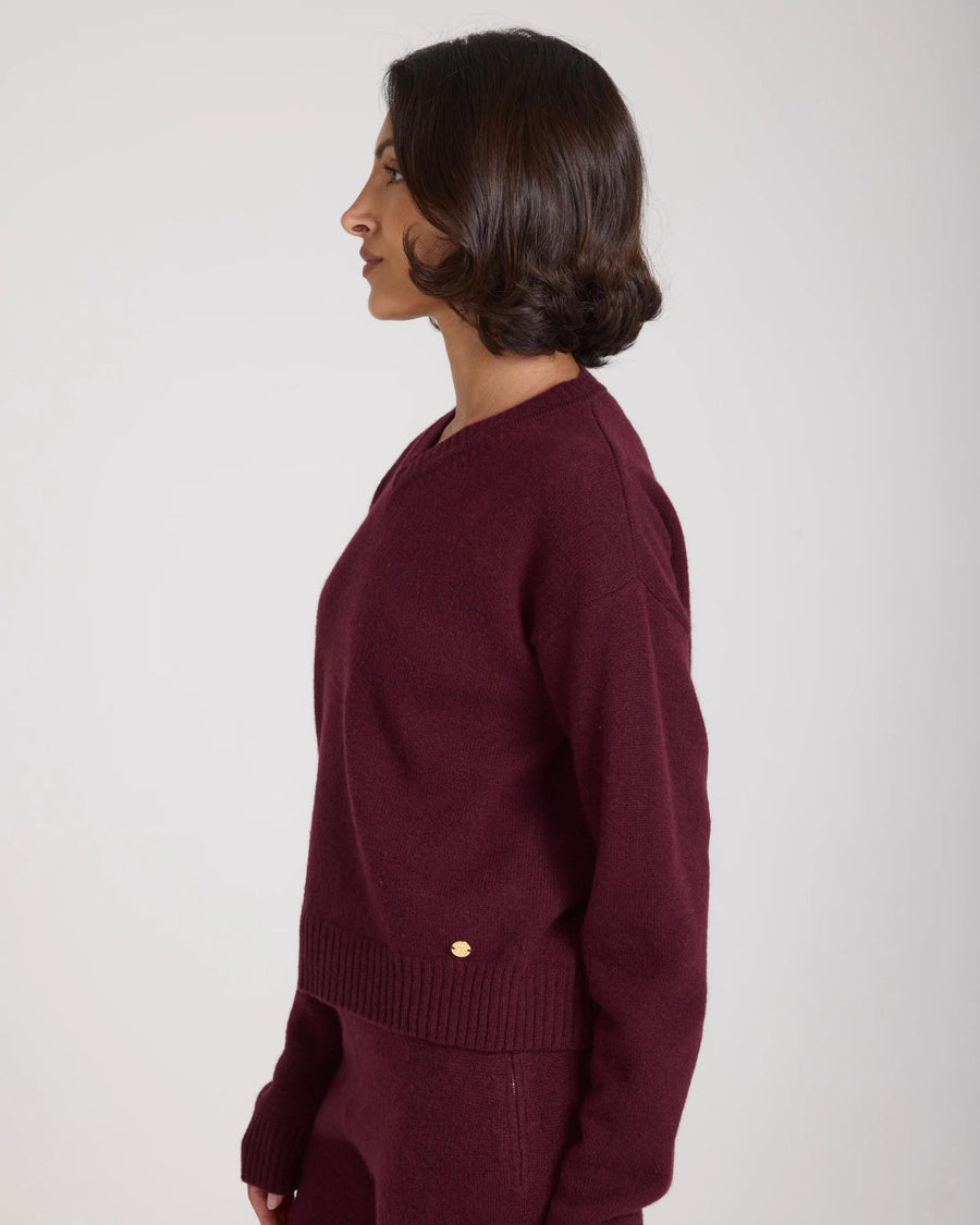 Kasima Cashmere Blend V Neck Sweater in Burgundy modeled in profile, showcasing elegant ribbed texture and relaxed fit.