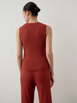 Back view of a tonal ribbed knit tank top in muted rust, showcasing wide shoulder silhouette and sculpted fit.