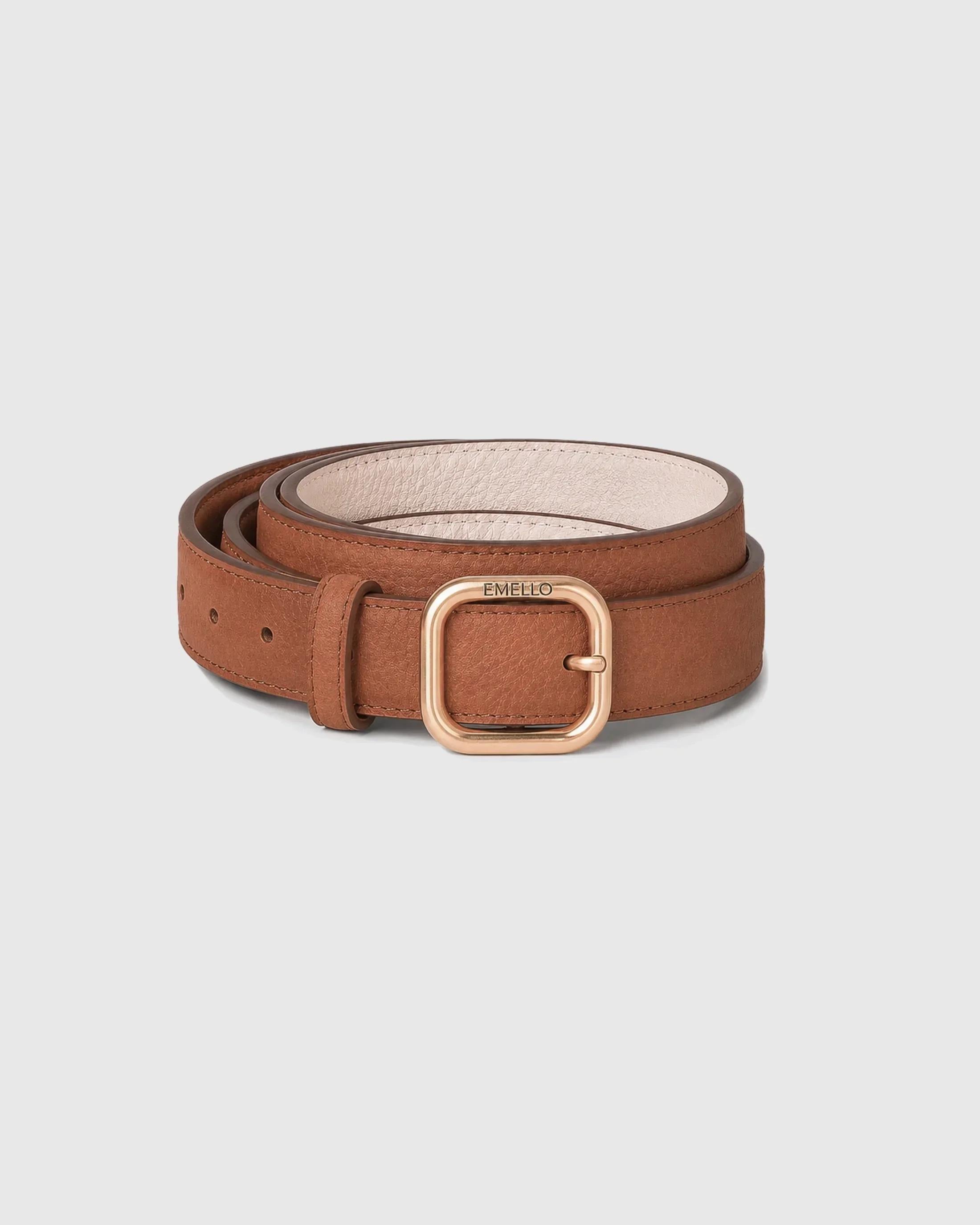 Emello reversible leather belt with brushed gold buckle in tan and cream.