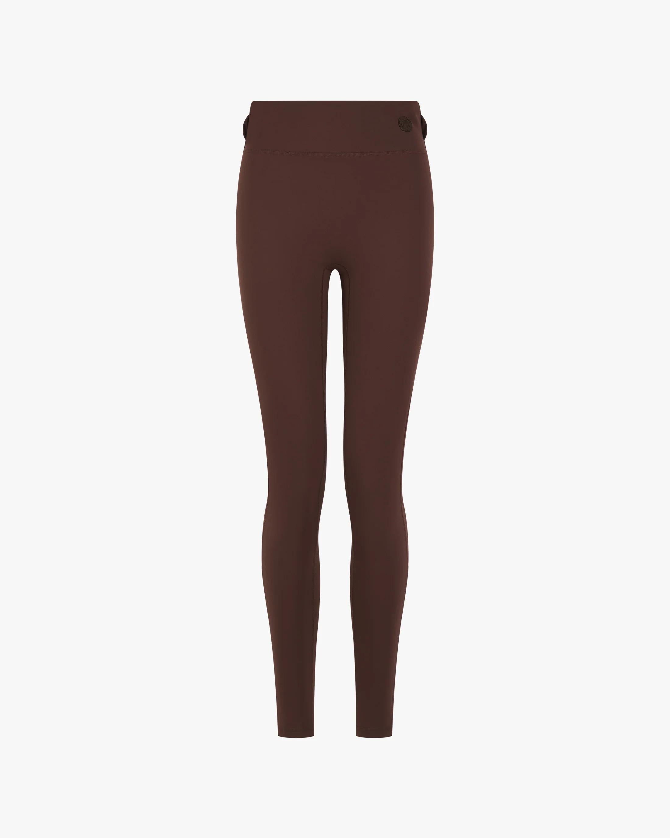 Emello chocolate brown leggings with belt loops, featuring a sculpting silhouette and high-waisted fit.