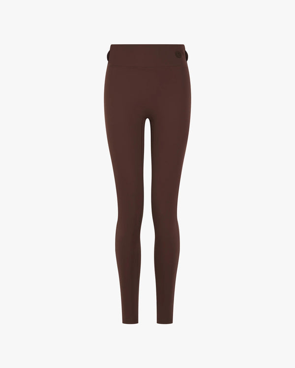 Emello chocolate brown leggings with belt loops, featuring a sculpting silhouette and high-waisted fit.