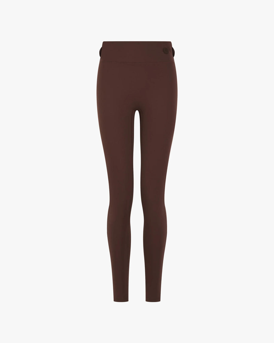 Emello chocolate brown leggings with belt loops, featuring a sculpting silhouette and high-waisted fit.