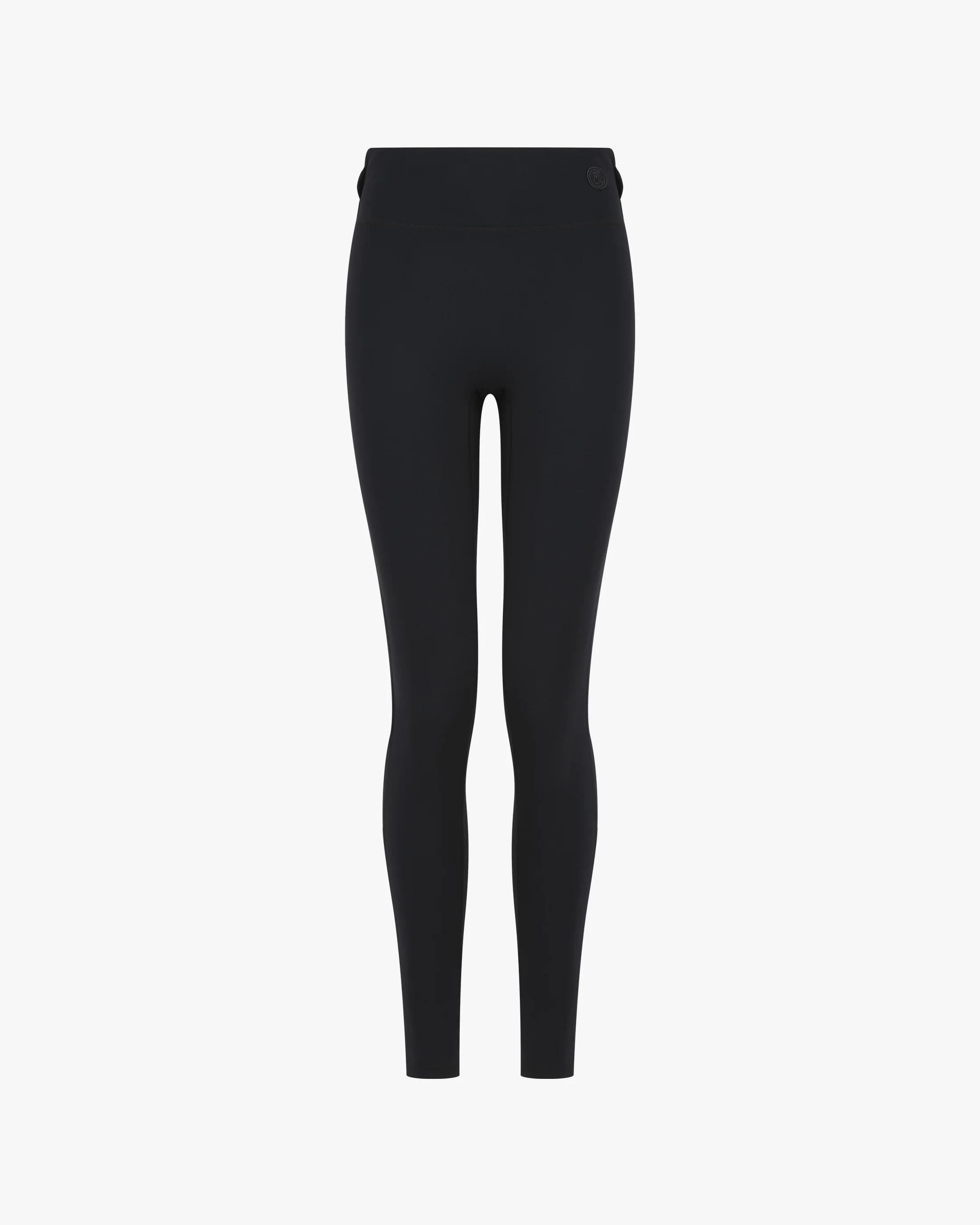 Black, form-fitting leggings with belt loops, featuring a supportive double-layer waistband.