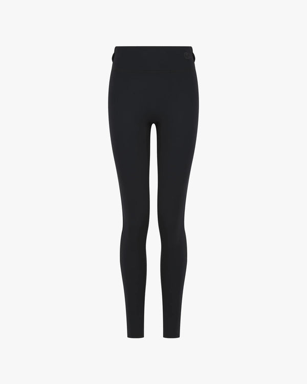Black, form-fitting leggings with belt loops, featuring a supportive double-layer waistband.