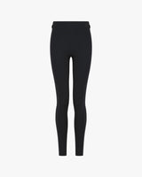 Black, form-fitting leggings with belt loops, featuring a supportive double-layer waistband.