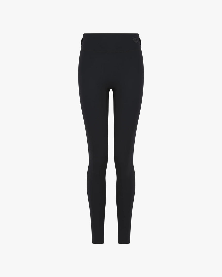 Black, form-fitting leggings with belt loops, featuring a supportive double-layer waistband.