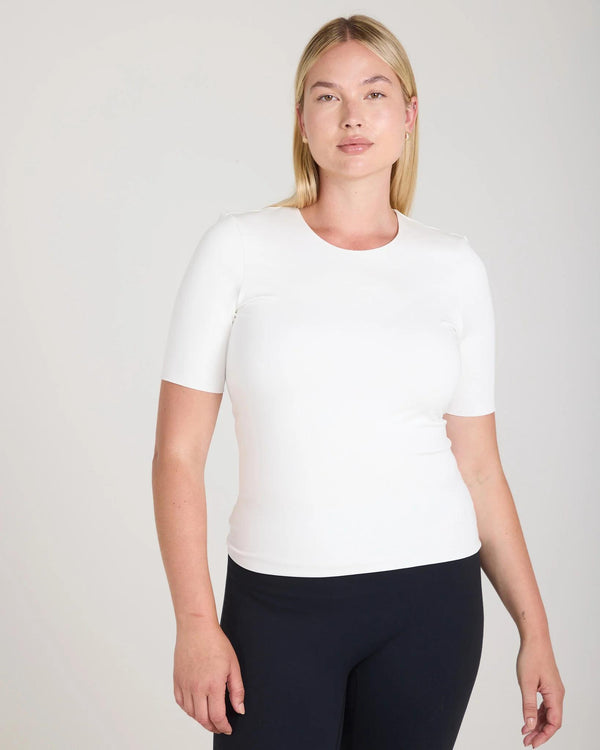Forma Silky Lyocell Jersey Double-Layer Top in cream featuring architectural seaming and a crew neckline.