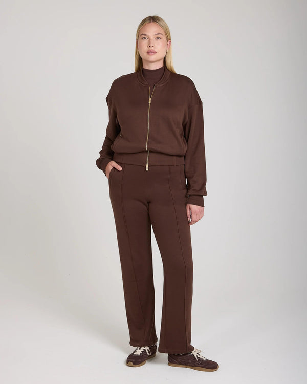 Emello Mello Lyocell Fleece Zip-Through Jacket in Chocolate, modeled standing in relaxed posture.