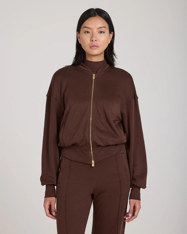 Mello Lyocell Fleece Zip-Through Jacket in Chocolate, showcasing a relaxed fit and stand collar.