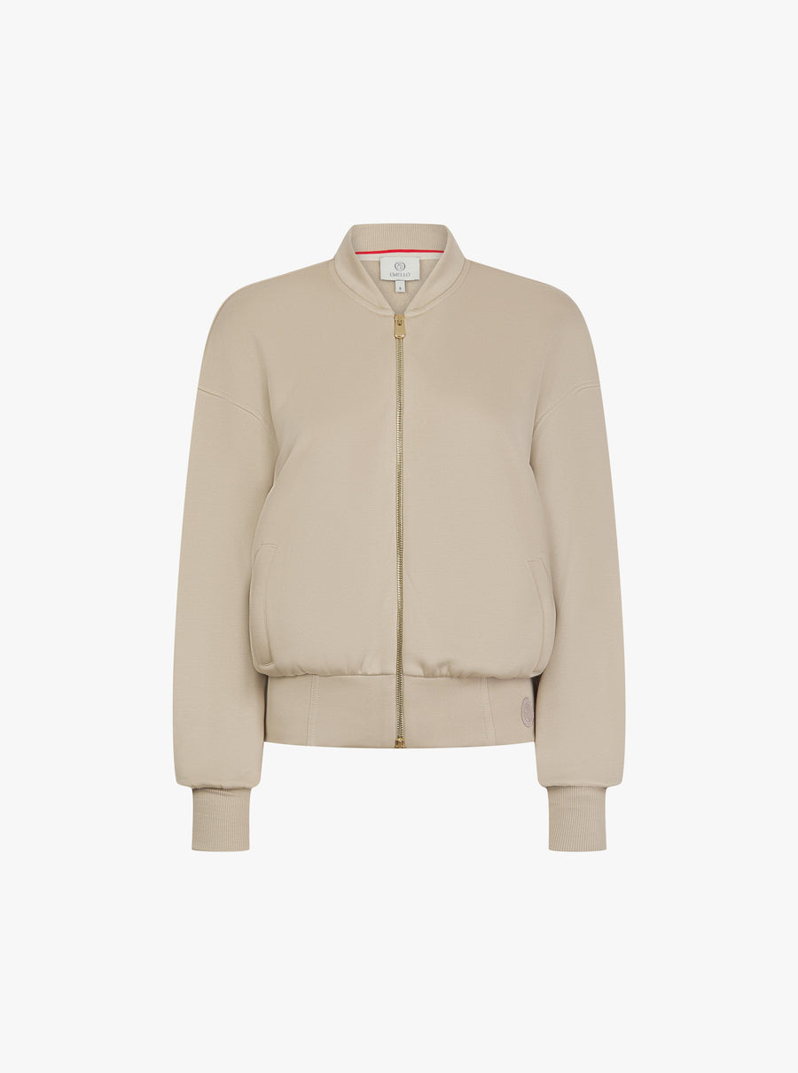 Beige zip-through jacket in buttery-soft lyocell fleece with gold hardware by Emello