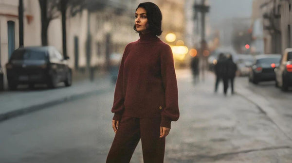 Woman in burgundy wool set standing on a quiet winter street at dusk