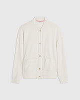 Cream Modal Popper Jacket by Emello, featuring a collarless design with popper fastenings and smooth finish.